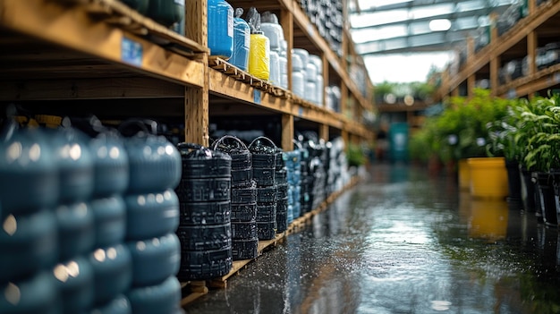 Photo stacks of gardening products in a greenhouse