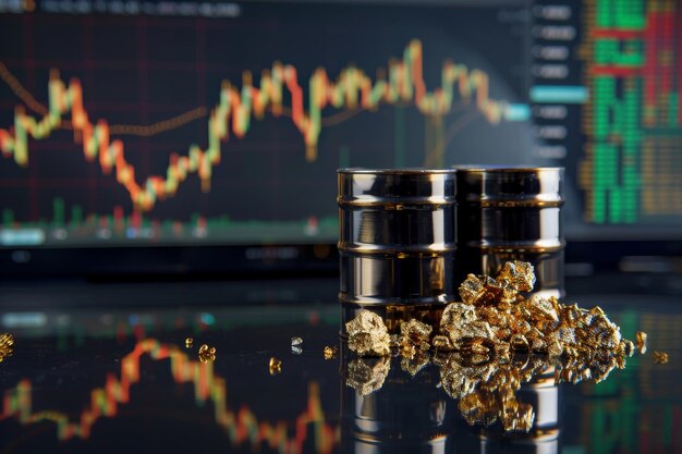 Stacks of gold bars and natural gold nuggets in the foreground with a stock market graph