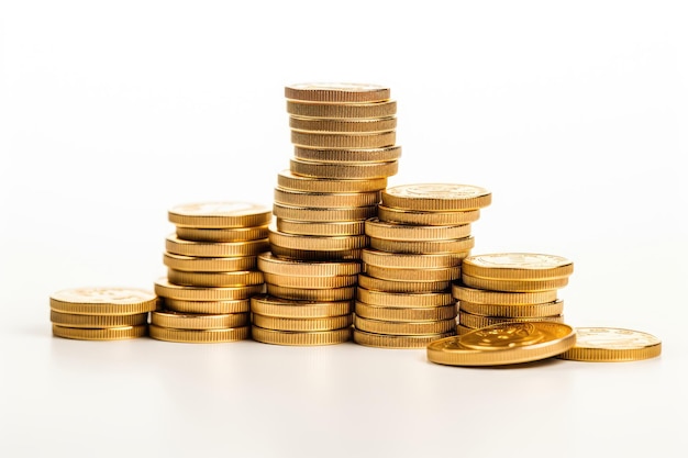 Stacks of gold coins isolated on white background