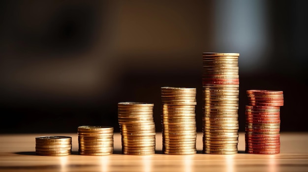 Stacks of gold coins on wooden table and dark background business concept