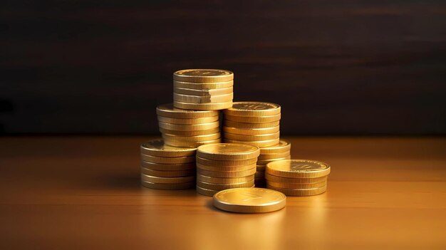 Stacks of gold coins on a wooden table and dark background Generative AI illustrations