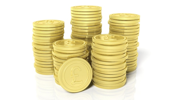 Stacks of golden coins with Pound symbol isolated on white background