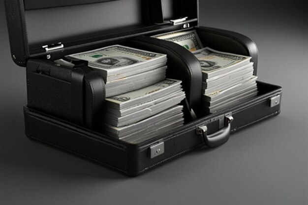 Photo stacks of money in black briefcases