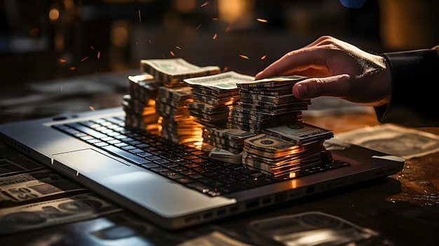 Stacks of money dollars placed on a laptop