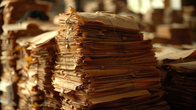 Photo stacks of old documents and papers bound together with twine representing an archive or repository