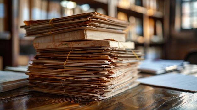 Stacks of old paperwork tied with string resting on a wooden table in a library or archive setting