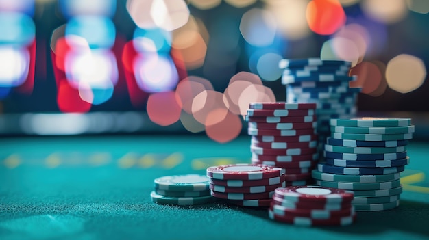 Stacks of poker chips blurred casino background