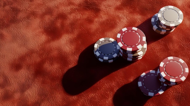 Stacks of poker chips casting long shadows on a textured red surface evoking the thrill and tension of a highstakes game night