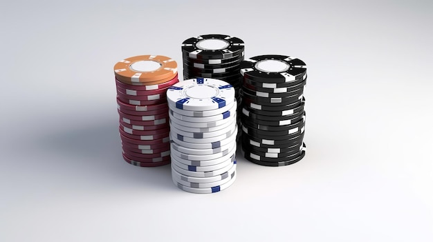 Photo stacks of poker chips of different colors on a white background