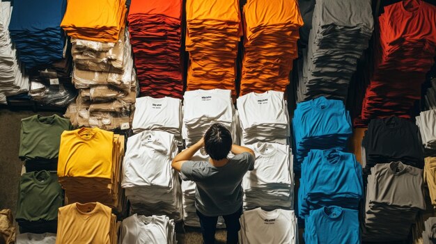 Photo stacks of tshirts in a factory