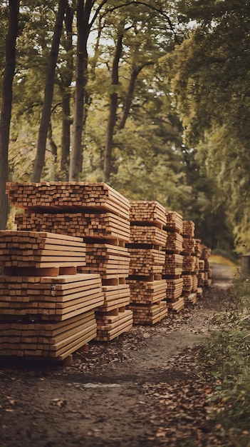 Stacks of wooden boards in a forest Geenrative AI