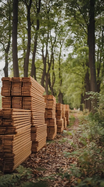 Stacks of wooden boards in a forest Geenrative AI