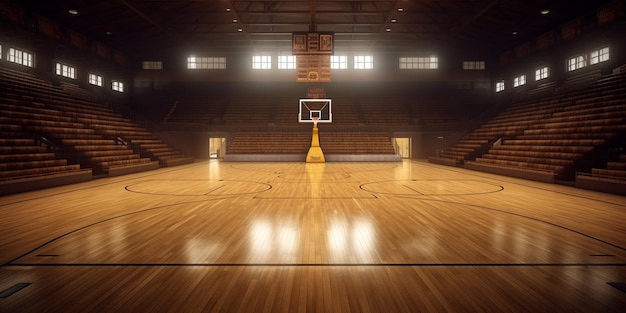 Stadium basketball court with wood floor and bleachers with AI generated