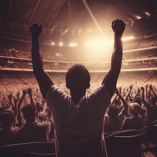 Stadium basketball fan in the stands raising his hands