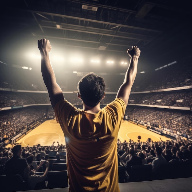 Stadium basketball fan in the stands raising his hands