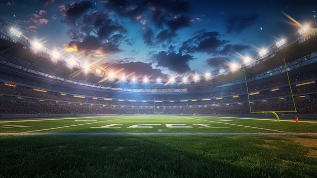 Stadium at dusk with bright lights generative ai