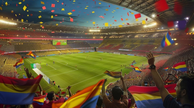 a stadium full of people with flags and flags in the foreground