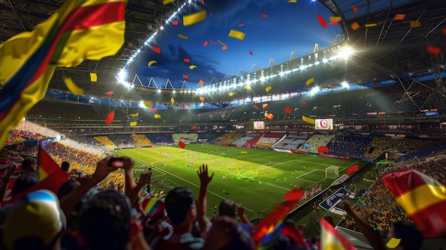 a stadium full of people with flags flying in the air