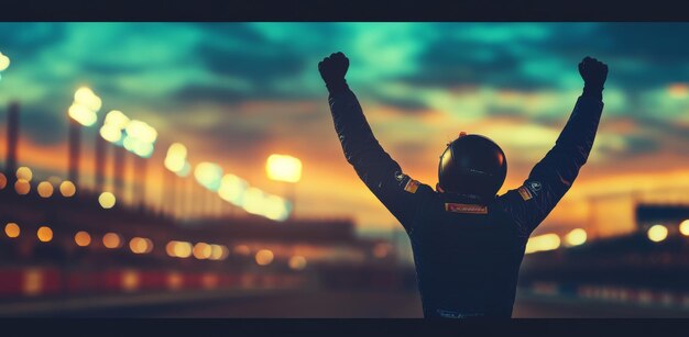 Photo the stadium lights cast a dramatic glow on a racing driver who celebrates his victory