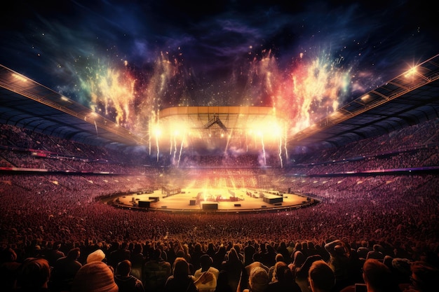 Stadium lights and crowd of people at night 3D rendering A live event such as a concert or halftime show taking place at a sports stadium AI Generated