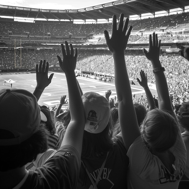 Photo stadium seats and fans doing the wave during halftime