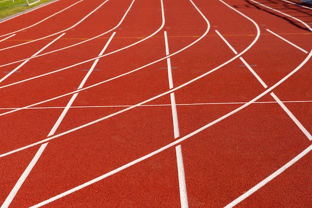 Stadium track and field area empty on a sunny day