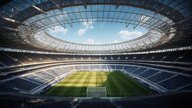 A stadium with a blue roof and a blue roof