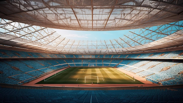 A stadium with a blue roof and a white roof