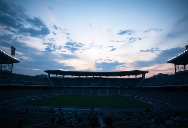 a stadium with a blue sky and clouds in the background