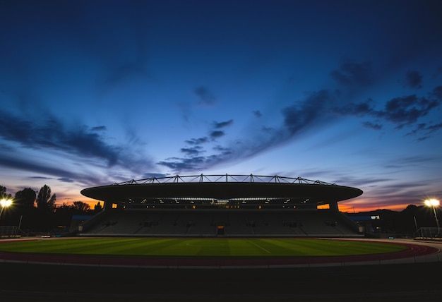 a stadium with a blue sky and clouds in the background