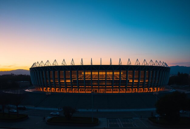 a stadium with a blue sky and a few other flags on the top