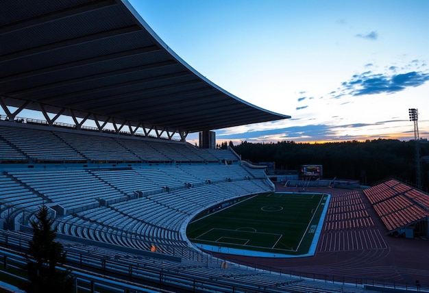 a stadium with a blue sky and a green field