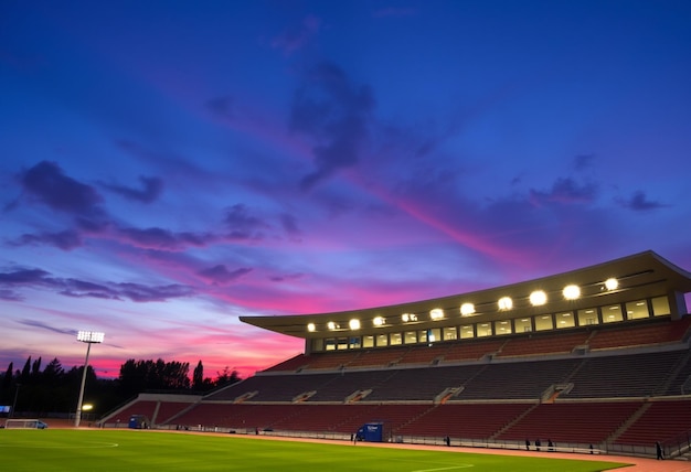 a stadium with a blue sky and a pink and purple sky