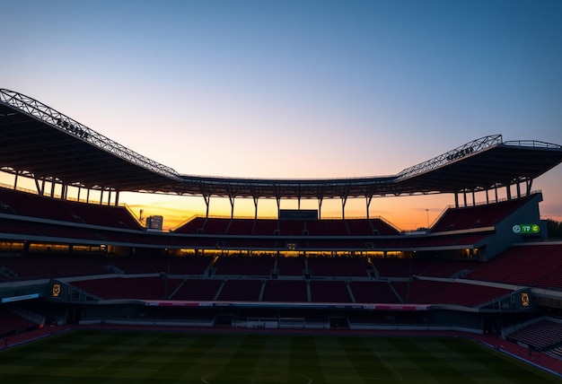 a stadium with a blue sky and a yellow sunset in the background