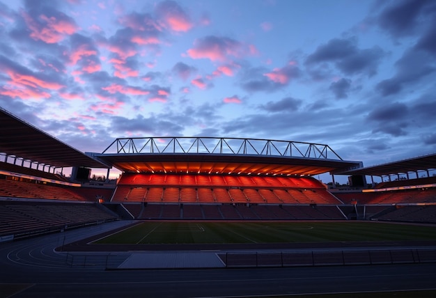 a stadium with a bright red light and a cloudy sky