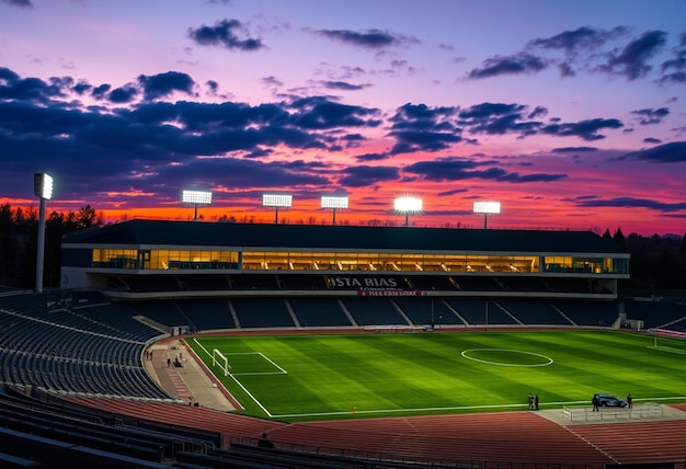 a stadium with a colorful sunset in the background