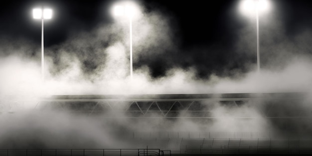 A stadium with a foggy sky and a light pole