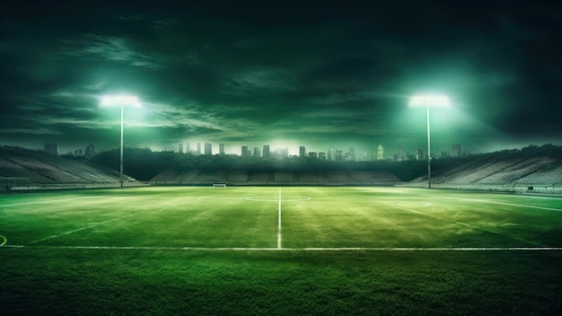 A stadium with a green background and a lit up soccer field in the background.