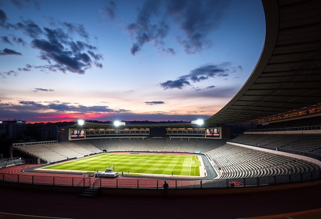 a stadium with a green field and a blue sky with a few clouds