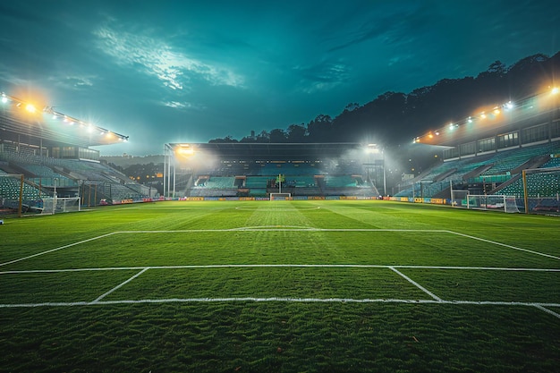 a stadium with a green field and lights on