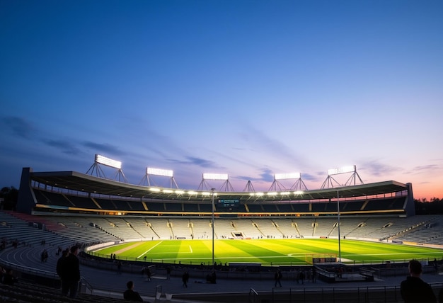 a stadium with a green stadium with a blue sky in the background