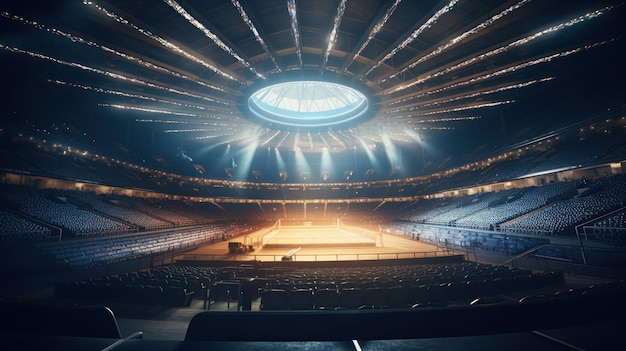 A stadium with a large arena and a stadium with lights on.