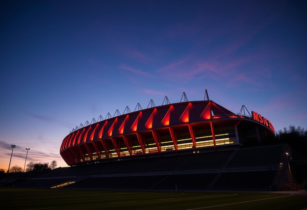 a stadium with the lights on and the word stadium on the front