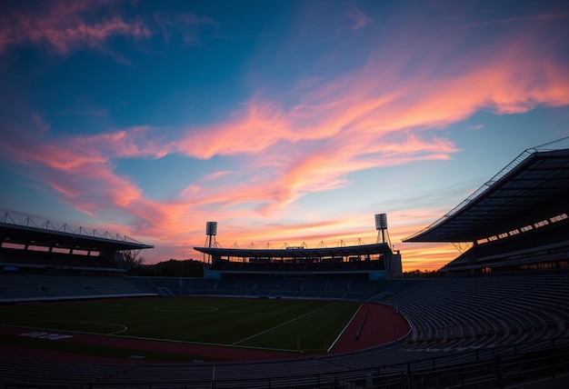 a stadium with a pink and blue sky and a sign that says  no