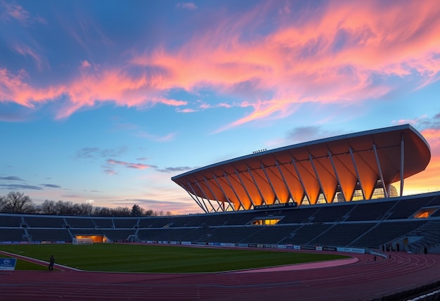 a stadium with a pink sky and a blue and orange sky