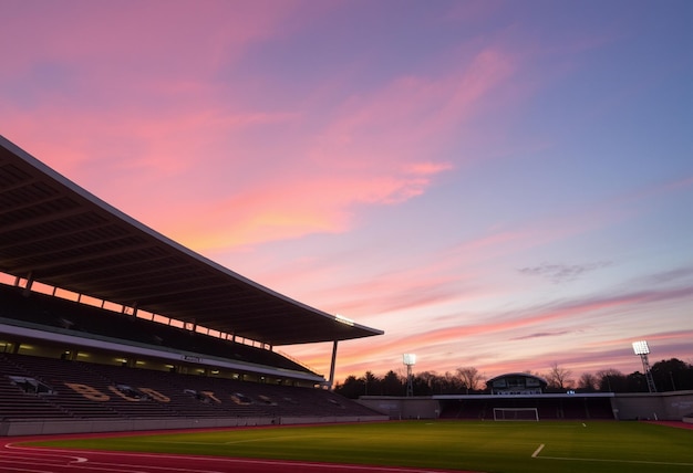 Photo a stadium with a pink sky and a blue and pink sky