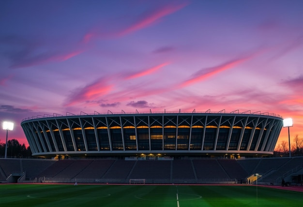 a stadium with a pink sky and a blue sky with a pink cloud in the background