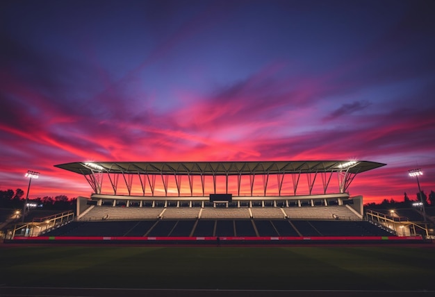 Photo a stadium with a pink sky and a red sky in the background