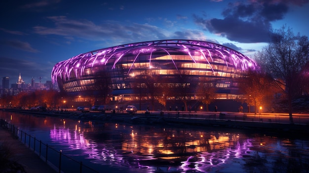 A stadium with a purple roof and lights