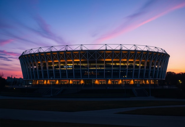 a stadium with a purple sky in the background